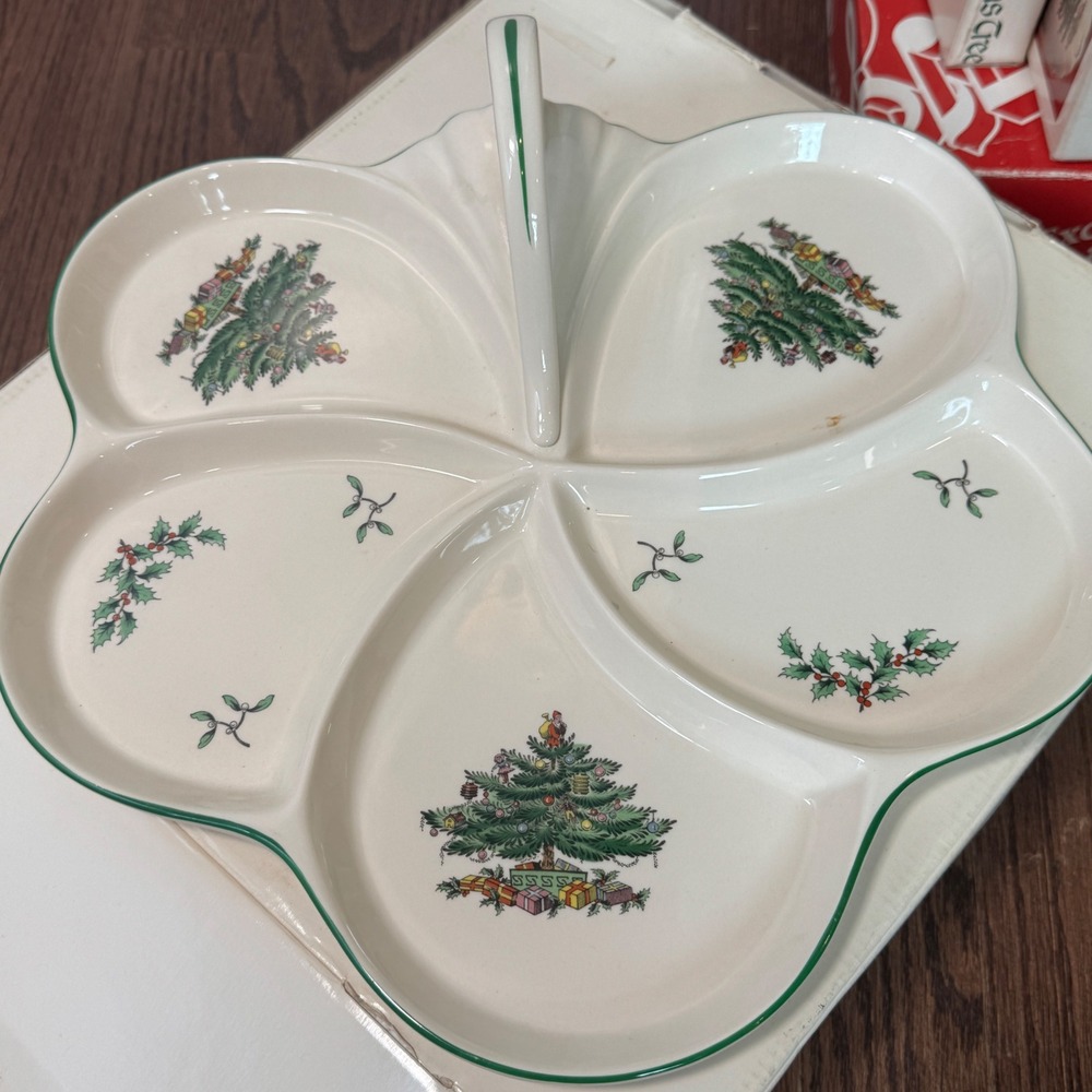 Spode Handled Hors d'Oeuvre Tray Made in England Christmas Tree Divided 12 in